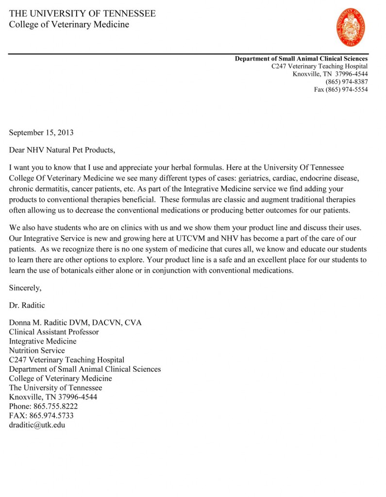 NHV received a glowing letter from The University of Tennessee College Of Veterinary Medicine.