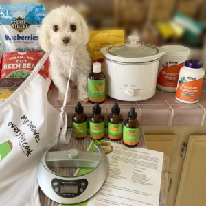 daisy, a white dog with supplements and scale
