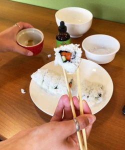 Piece of sushi being held in chopsticks. Sushi recipe for dogs and cats