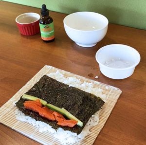 Layered sushi ingredients before rolling. Sushi recipe for dogs and cats