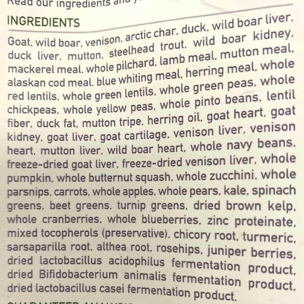 Photo of an ingredients list from the side of a dog kibble bag.