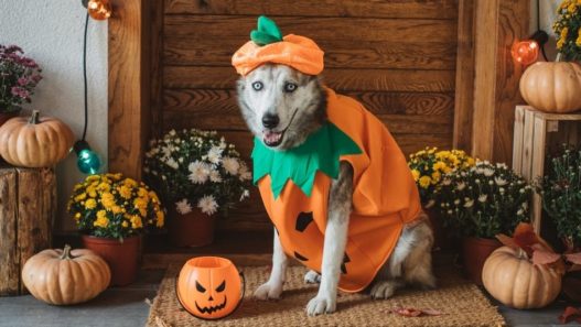 Large dog wearing a jack-o-lantern Halloween costume on a house porch decorated with flowers and pumpkins.