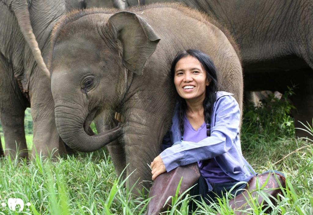 Sangdeun Chailert sitting on the ground, hugging a baby elephant. Happy International Women's Day: 6 women changing the world for animals