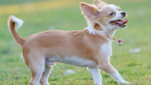 Photo of a Chihuahua dog running in a grass field and panting, to illustrate the signs of collapsing trachea in dogs