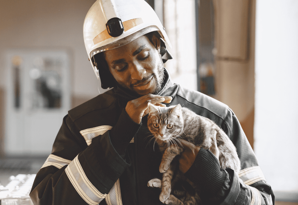 Image of a firefighter holding a cat to represent the importance of a pet fire safety plan. 