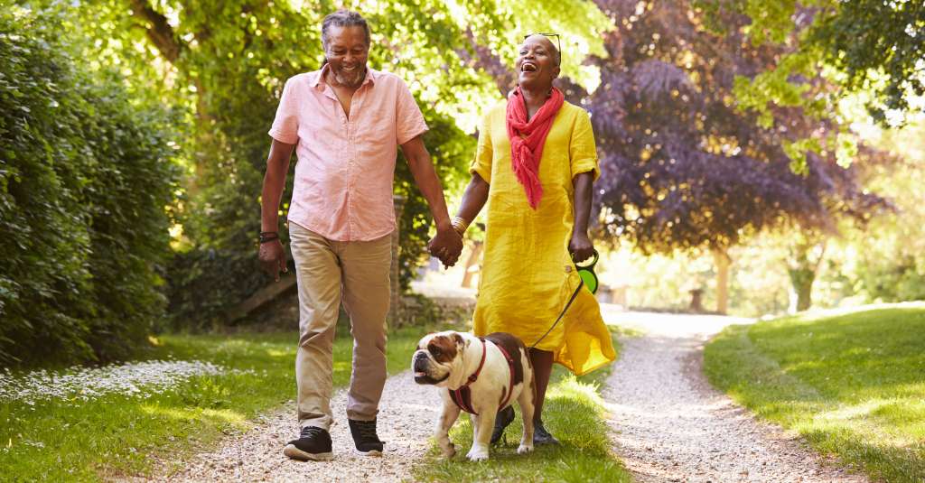 Älteres Paar spaziert mit Haustier-Bulldogge auf dem Land und sorgt gleichzeitig für das Wohlbefinden des Haustiers im Frühling