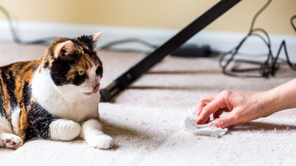 Calico cat face tongue funny humor on carpet inside indoor house home with hairballs in cats vomit stain and woman owner cleaning rubbing paper towel on floor