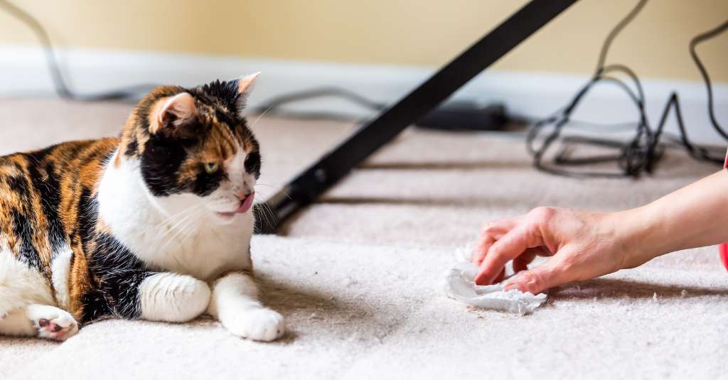 Calico-Katzengesicht, Zunge, lustiger Humor auf dem Teppich im Innenhaus, mit Haarballen im Katzen-Erbrochenen-Fleck und einer Besitzerin, die reinigt und Papierhandtuch auf dem Boden reibt