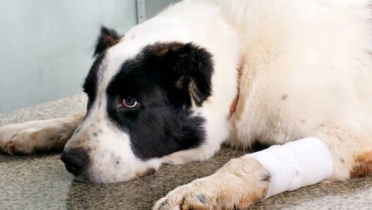 A white dog with black spots who has a bandage around its arm.