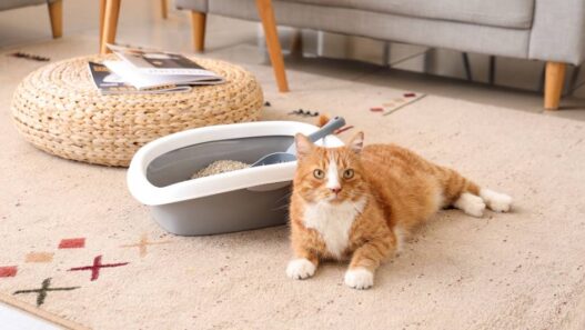 An orange cat lies in front of a litter box.
