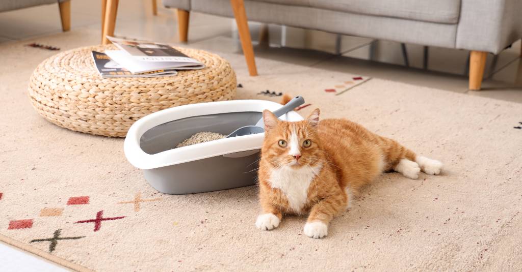 An orange cat lies in front of a litter box.