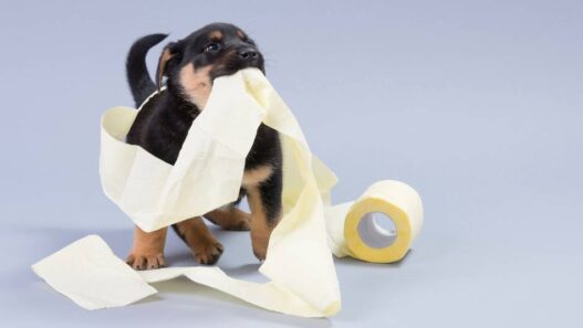 A puppy dog playing with toilet paper