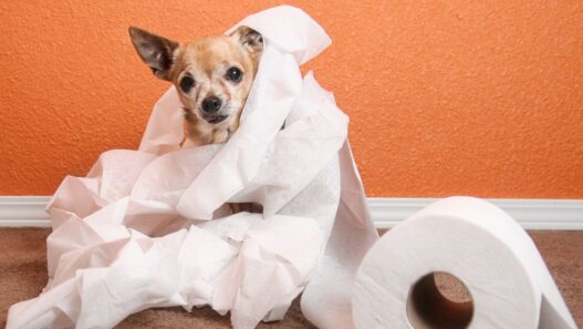 A small dog wrapped up in toilet paper.