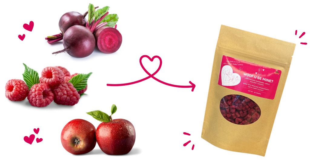 Apples, beets, and raspberries with an arrow pointing to Woof U B Mine treats.