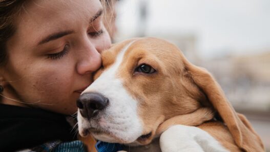 A woman kissing a dog to show bonding with pets.