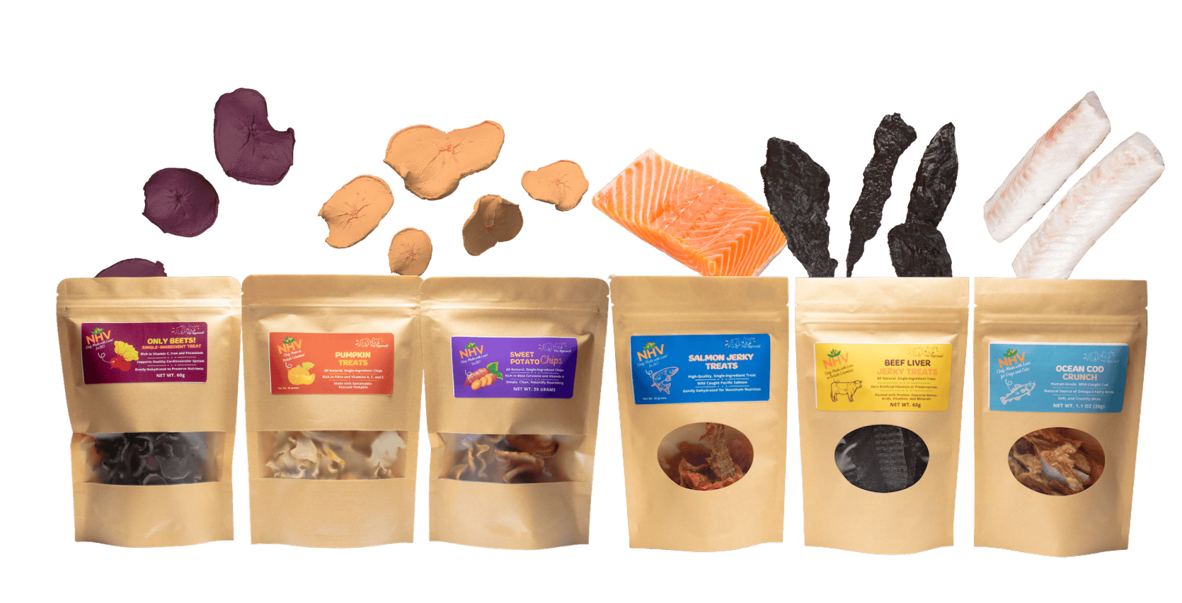 Six pouches of NHV single-ingredient dog treats with dehydrated beet, sweet potato, salmon, beef liver and cod pieces above them